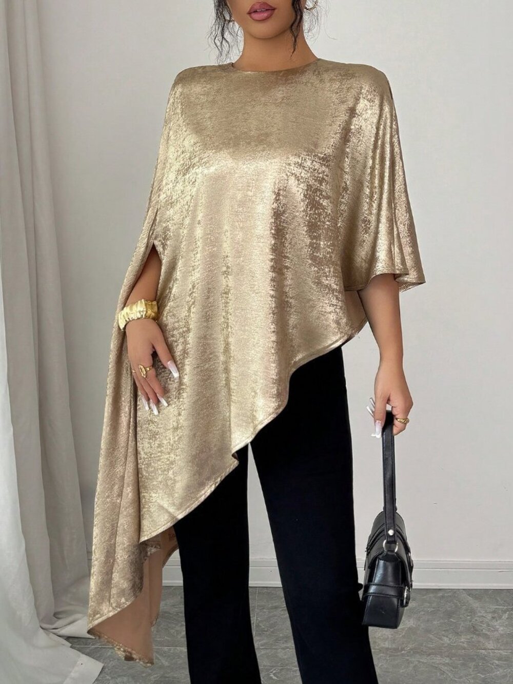 Gold Women's Elegant flowy asymmetrical blouse Top - Picture 4 of 6